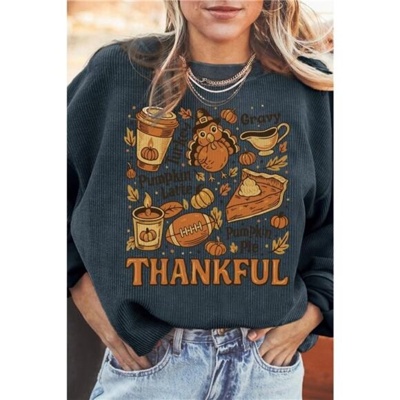 Thankful Thanksgiving Graphic Long Sleeve Sweatshirt - Picture 6 of 6